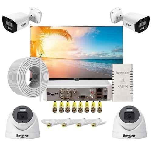 Beware 2.4MP Indoor & Outdoor CCTV Combo Kit with 2 Bullet, 2 Dome Camera, 4Ch DVR, 4Ch SMPS, 32 inch Smart LED TV, 90m 3+1 Cable, DC & BNC Connectors