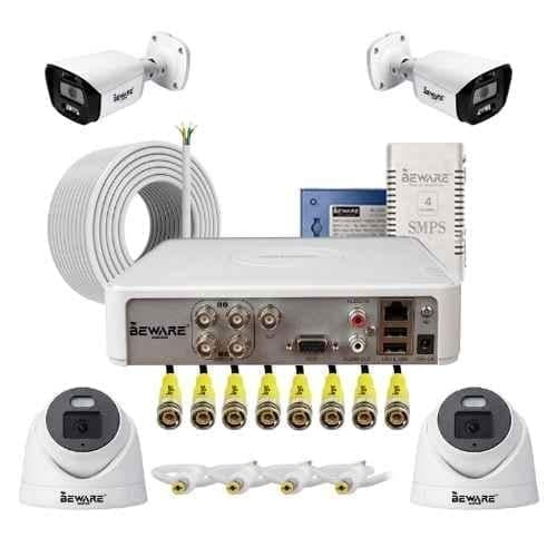 Beware 2.4MP Indoor & Outdoor CCTV Combo Kit with 2 Bullet, 2 Dome Camera, 4Ch DVR, 4Ch SMPS, 90m 3+1 Cable, DC & BNC Connectors