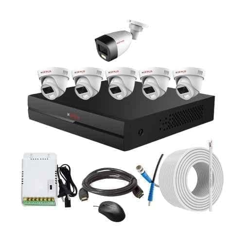 CP Plus 2.4MP Full Colour HD Audio Indoor & Outdoor CCTV Combo Kit with 8Ch DVR, 1 Bullet 5 Dome Camera, 8Ch SMPS, 70m Copper Cable & Connectors