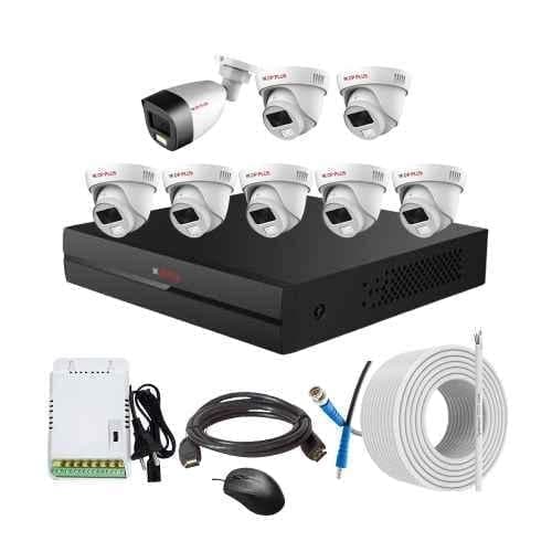 CP Plus 2.4MP Full Colour HD Audio Indoor & Outdoor CCTV Combo Kit with 8Ch DVR, 1 Bullet 7 Dome Camera, 8Ch SMPS, 70m Copper Cable & Connectors