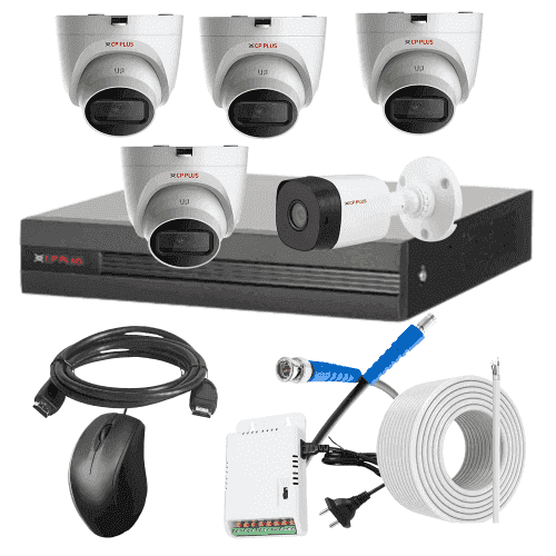 CP Plus 5MP IR Indoor & Outdoor CCTV Combo Kit with 8Ch DVR, 1 Bullet 4 Dome Camera, 8Ch SMPS, 70m Copper Cable & Connectors
