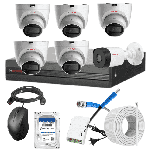 CP Plus 5MP IR Indoor & Outdoor CCTV Combo Kit with 8Ch DVR, 1 Bullet 5 Dome Camera, 8Ch SMPS, 70m Cable, 500GB HDD & Connector