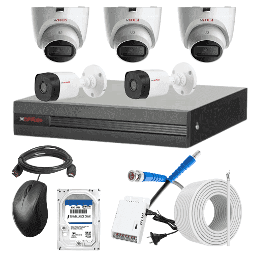 CP Plus 5MP IR Indoor & Outdoor CCTV Combo Kit with 8Ch DVR, 3 Dome 2 Bullet Camera, 8Ch SMPS, 70m Cable, 2TB HDD & Connector