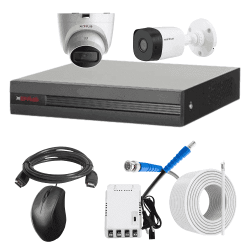 CP Plus 5MP IR Indoor & Outdoor CCTV Combo Kit with 4Ch DVR, 1 Dome 1 Bullet Camera, 4Ch SMPS, 70m Copper Cable & Connectors