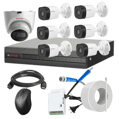 CP Plus 5MP IR Indoor & Outdoor CCTV Combo Kit with 8Ch DVR, 6 Bullet 1 Dome Camera, 8Ch SMPS, 70m Copper Cable & Connectors