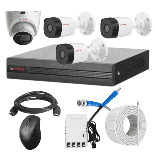 CP Plus 5MP IR Indoor & Outdoor CCTV Combo Kit with 4Ch DVR, 3 Bullet 1 Dome Camera, 4Ch SMPS, 70m Copper Cable & Connectors