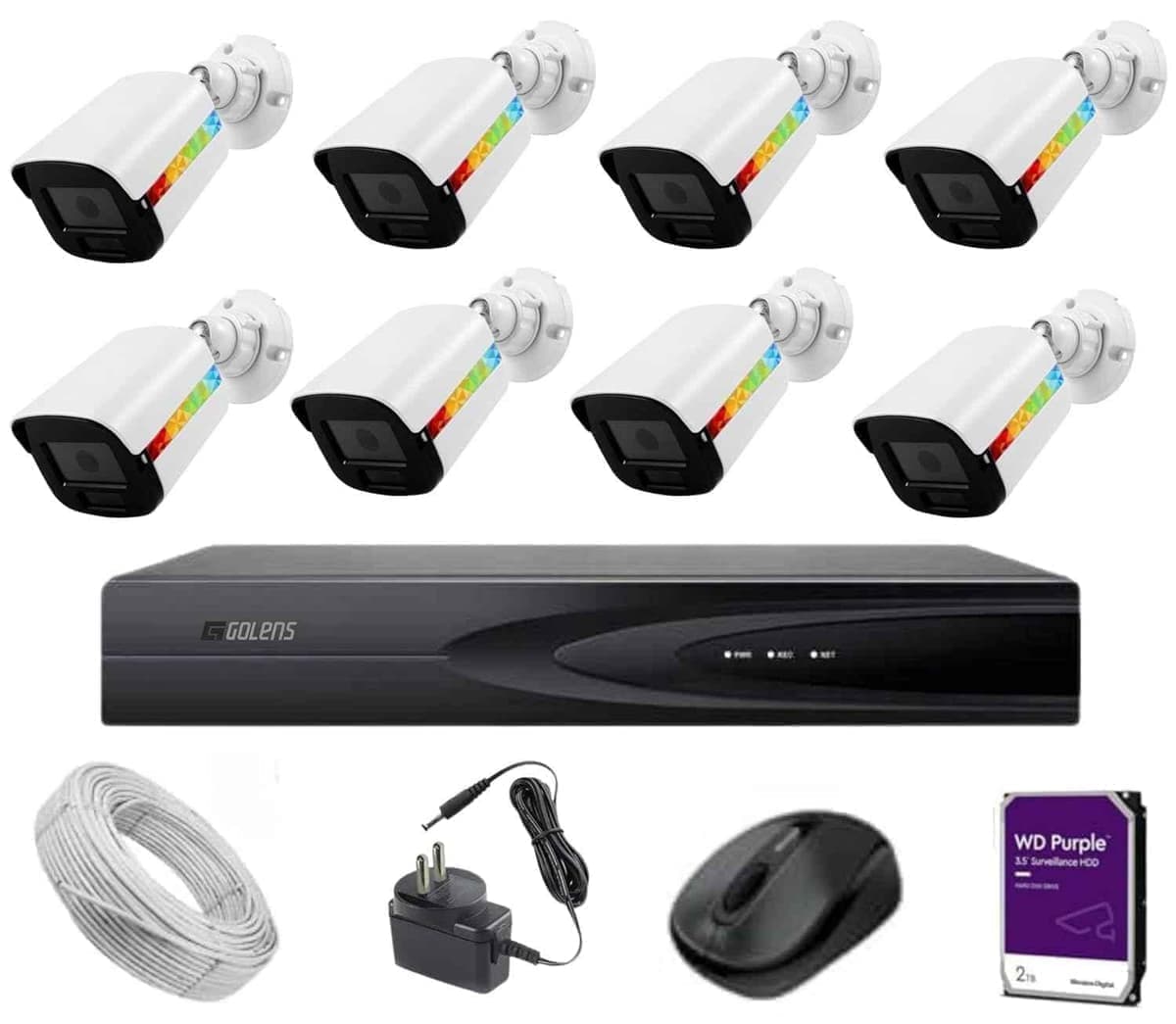 Golens 8 Pcs 5MP Day/Night Vision Bullet, 8 Channel NVR with Built in 8 Channel POE, 2TB Hard Disk & 100 m CAT6 Cable CCTV Camera Kit