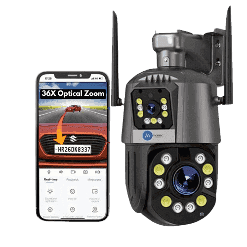 Maizic Smarthome 4MP+4MP Outdoor PTZ Smart WiFi Camera with Dual Lens, 36X Zoom, Color Night Vision, 2 Way Audio & Supports Upto 128 GB