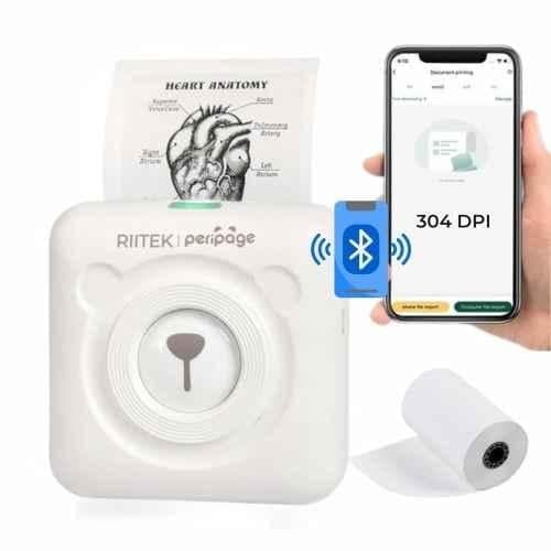 RIITEK PeriPage Bluetooth Thermal Label Printer Inkless Portable Pocket Printer with Paper Roll,1000mAh Battery and 1 Year Warranty (White)